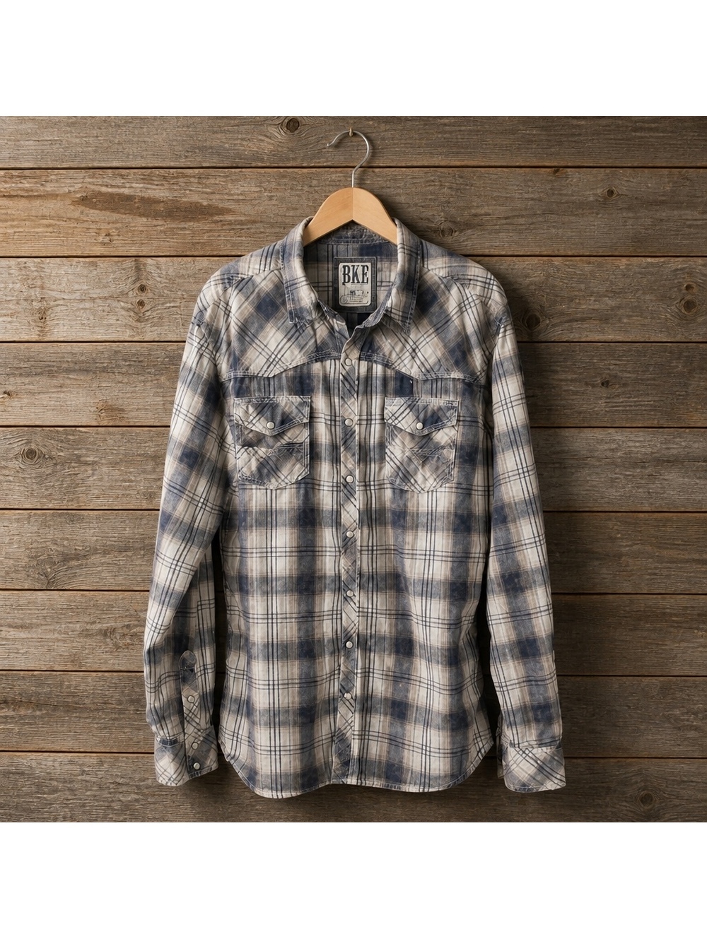 BKE LongSleeve Western Plaid Shirt Faded Vintage-Wash Dual Chest Flap Pockets XL